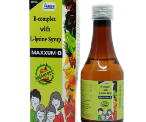 MAXXUM-B 200 mL syrup bottle with B-Complex vitamins and L-Lysine for energy and overall health support.
