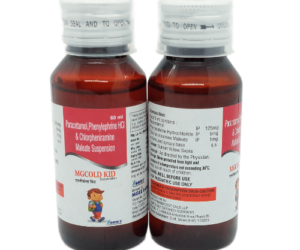 MG COLD-KID 60 mL suspension bottle with Phenylephrine, Chlorpheniramine Maleate, and Paracetamol for children’s cold relief.