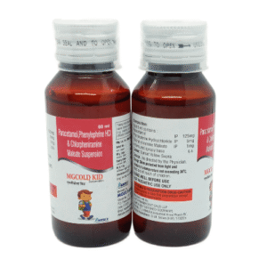 MG COLD-KID 60 mL suspension bottle with Phenylephrine, Chlorpheniramine Maleate, and Paracetamol for children’s cold relief.