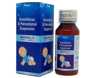 MGEEMOL-P JUNIOR 60 mL suspension bottle with Aceclofenac 50 mg and Paracetamol 125 mg for children’s pain and fever relief.