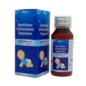 MGEEMOL-P JUNIOR 60 mL suspension bottle with Aceclofenac 50 mg and Paracetamol 125 mg for children’s pain and fever relief.