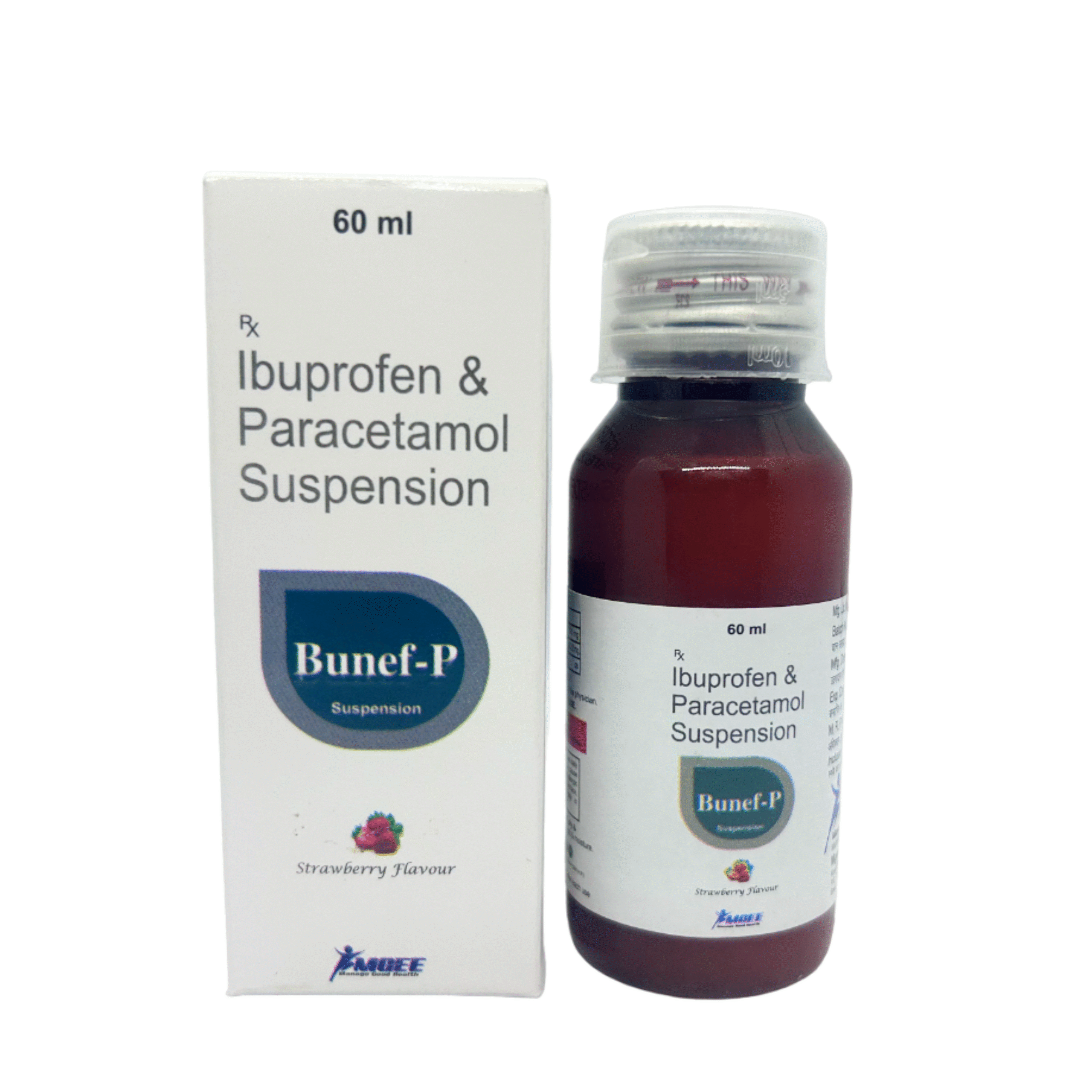 BUNEF-P 60 mL suspension bottle with Ibuprofen 100 mg and Paracetamol 162.5 mg for pain and fever relief