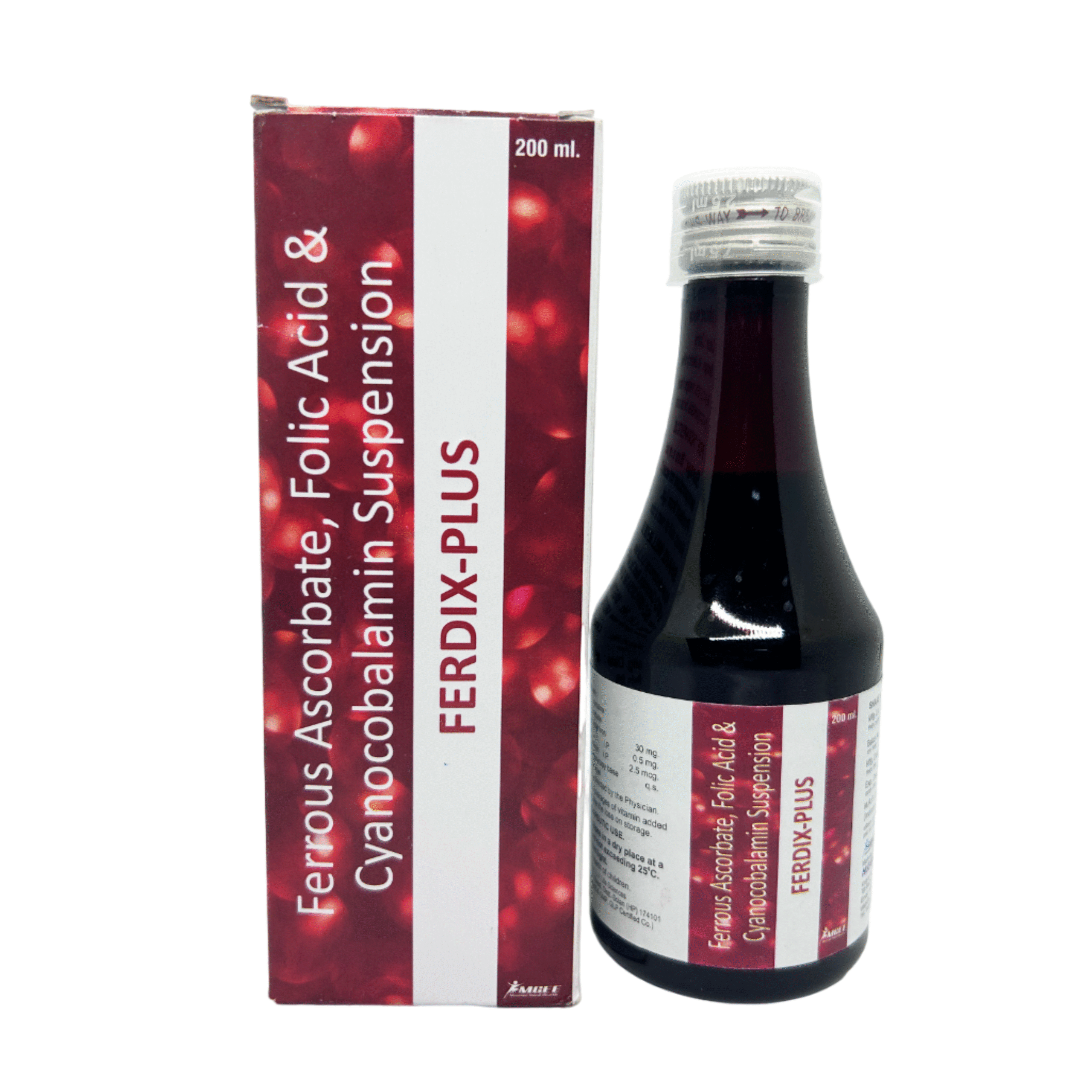 FERDIX-PLUS 200 mL syrup bottle containing Ferric Ammonium Citrate, Folic Acid, and Vitamin B12 for iron and energy support.