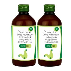 GAXDIX 200 mL antacid suspension bottle with Aluminum Hydroxide, Magnesium Hydroxide, and Oxcetacaine for heartburn and indigestion relief.